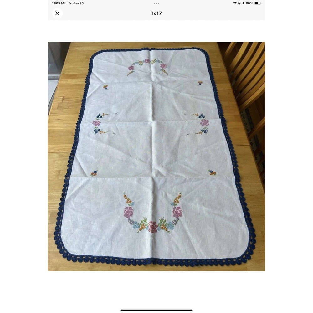 Table Runner/Tablecloth Floral Hand Embroidered Crocheted Edge 54”x31” New
